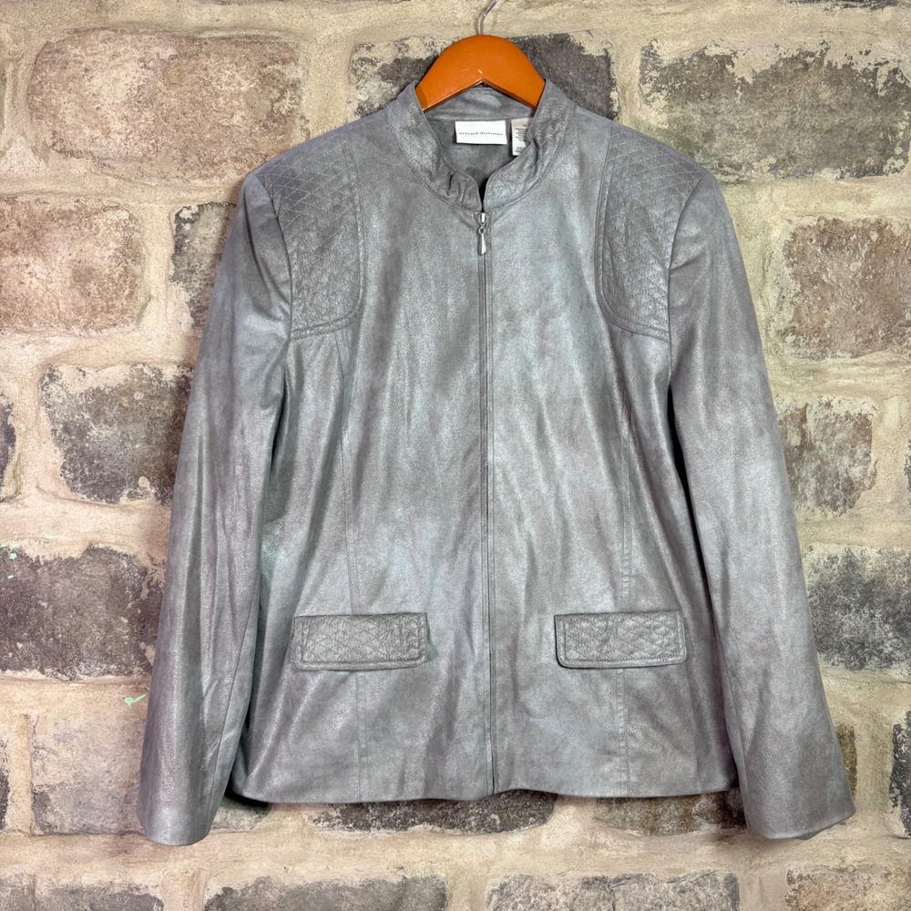 Alfred Dunner Silver Metallic Faux Suede Quilted Zip Front Jacket Womens Size 16